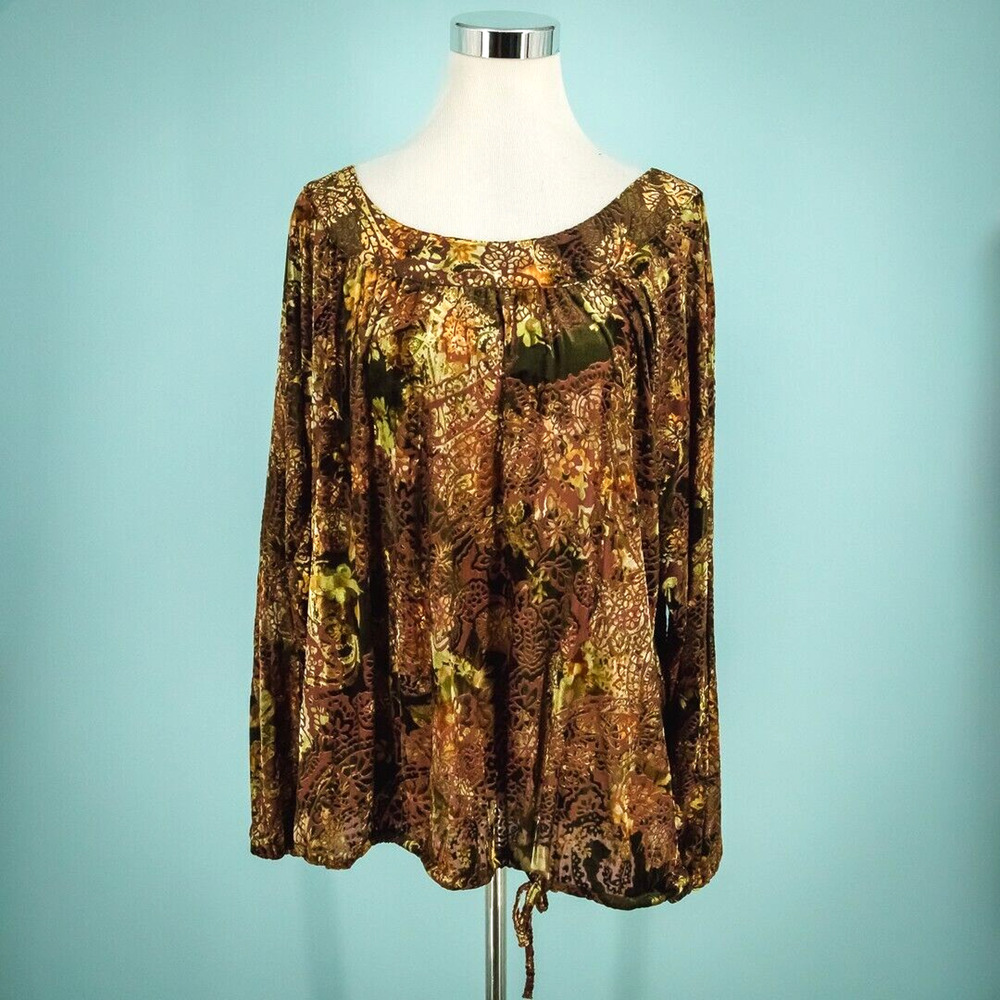 Chico's 3 Size XL Velvet Burn Out Drawstring Waist Scoop Neck Long Sleeve Polyes